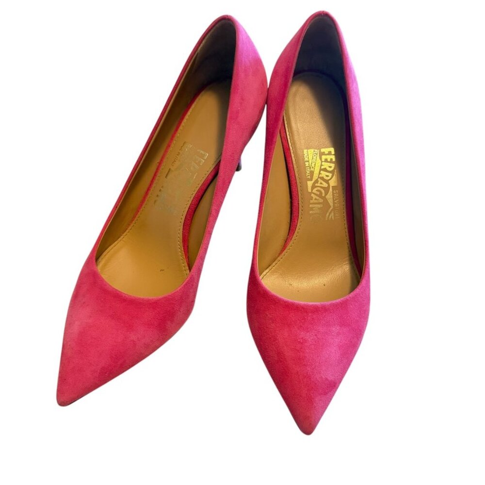 Salvatore Ferragamo Hot Pink 🔥 Suede Pumps Size 7.5 Kitten Heel Pointy toe - Picture 3 of 16
